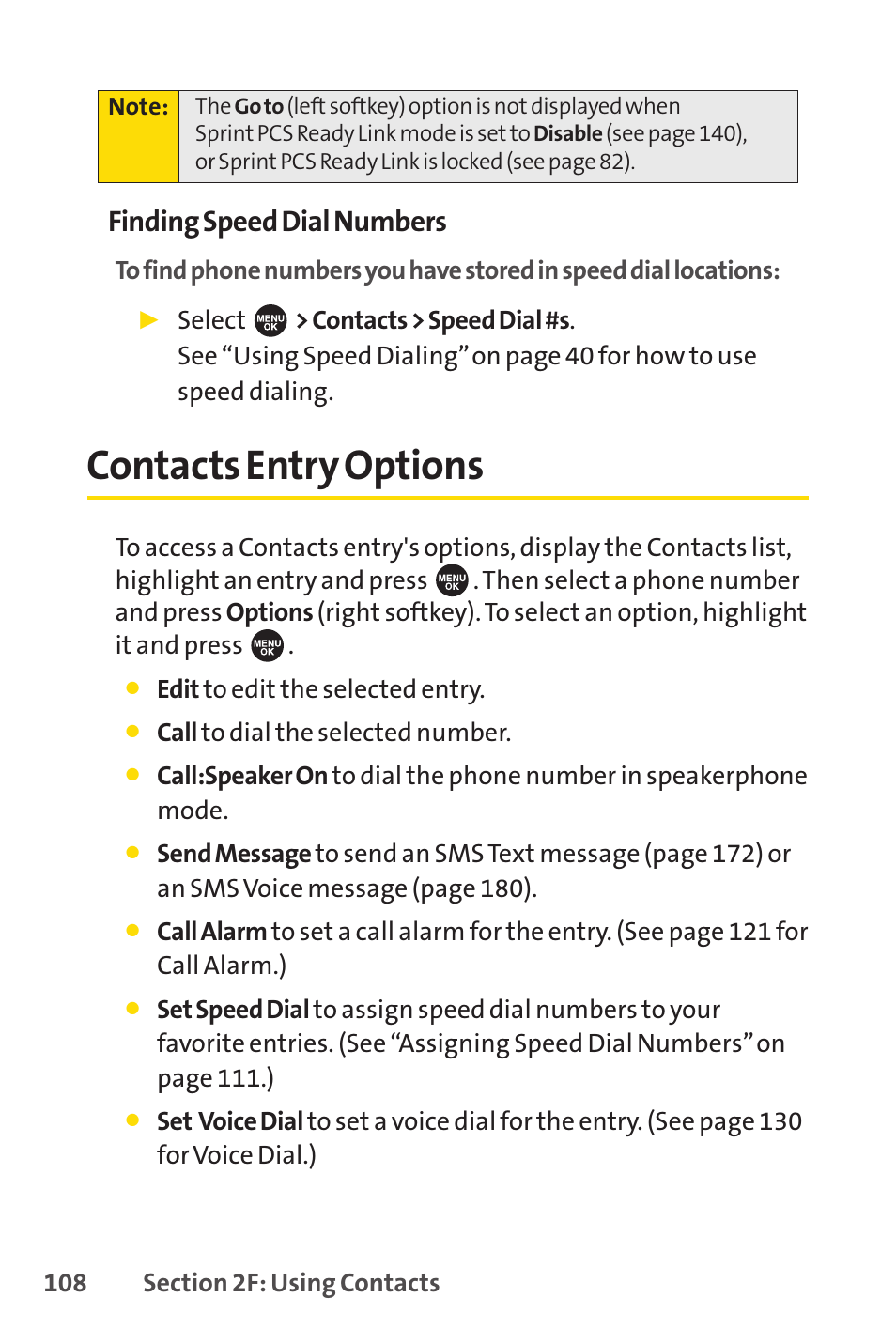 Contacts entry options, Finding speed dial numbers | Sprint Nextel SPRINT PCSVISION SCP-7000 User Manual | Page 124 / 254