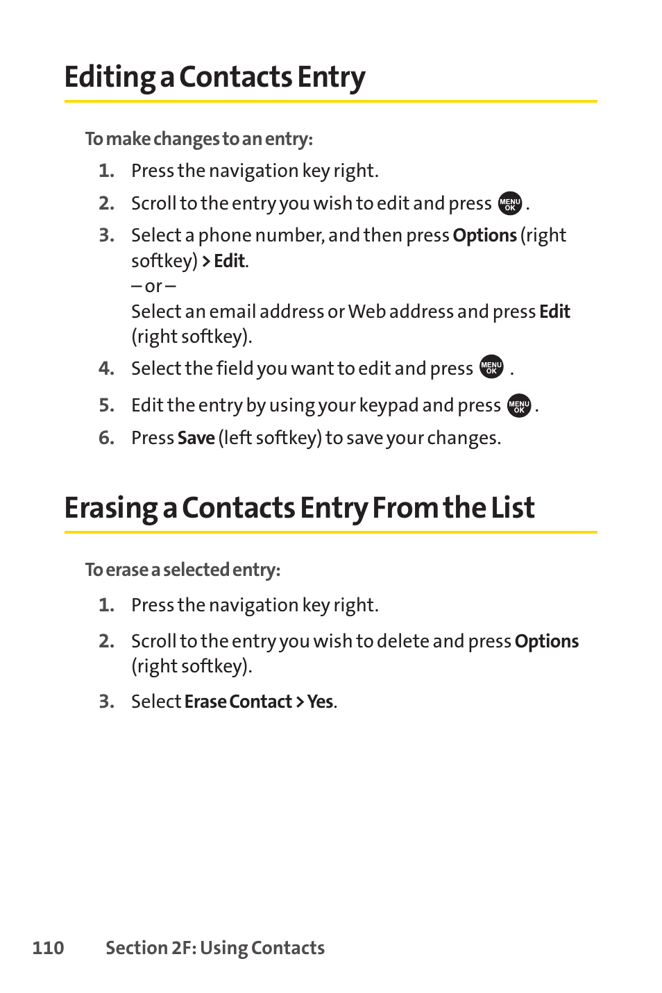 Editing a contacts entry, Erasing a contacts entry from the list | Sprint Nextel SPRINT PCSVISION SCP-7000 User Manual | Page 126 / 254