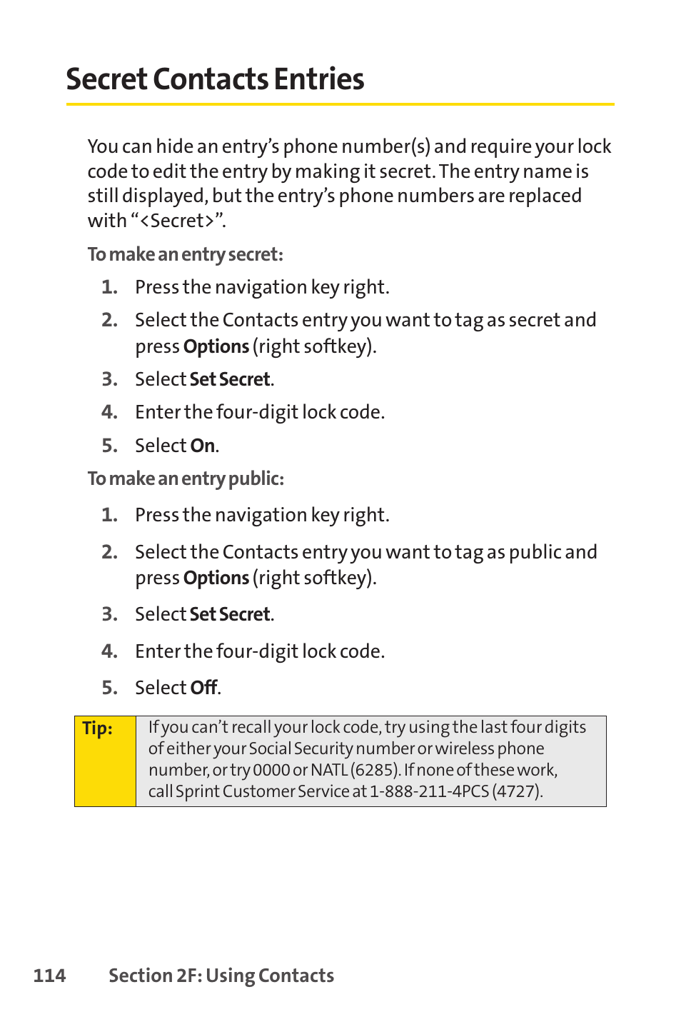 Secret contacts entries | Sprint Nextel SPRINT PCSVISION SCP-7000 User Manual | Page 130 / 254