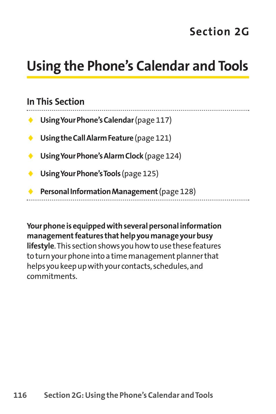 Section 2g. using the phone’s calendar and tools, 2g. using the phone’s calendar and tools, Using the phone’s calendar and tools | Sprint Nextel SPRINT PCSVISION SCP-7000 User Manual | Page 132 / 254