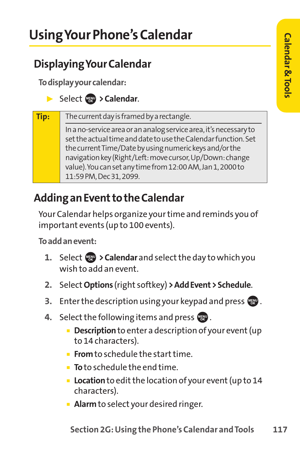 Using your phone’s calendar, Displaying your calendar, Adding an event to the calendar | Sprint Nextel SPRINT PCSVISION SCP-7000 User Manual | Page 133 / 254