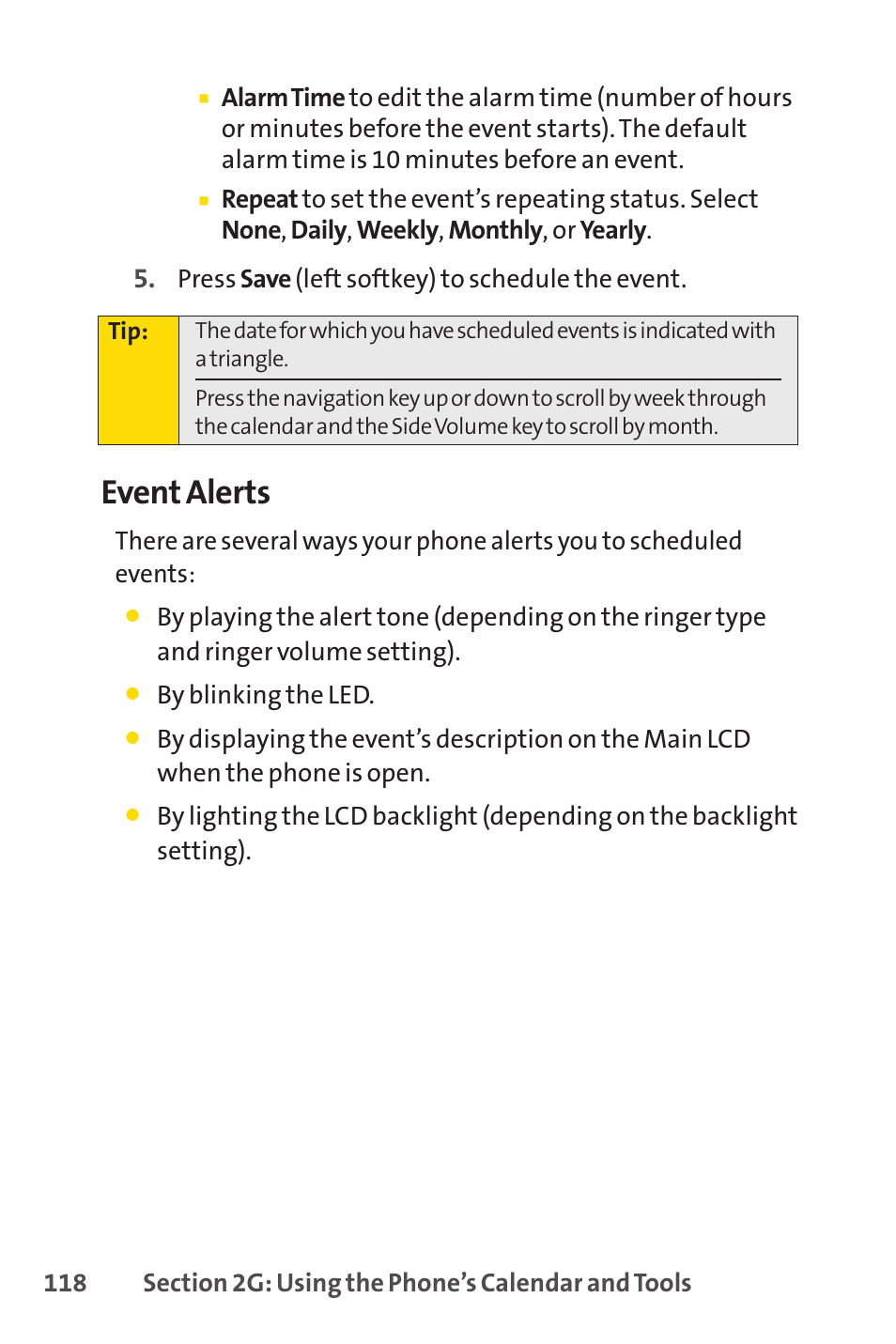 Event alerts | Sprint Nextel SPRINT PCSVISION SCP-7000 User Manual | Page 134 / 254