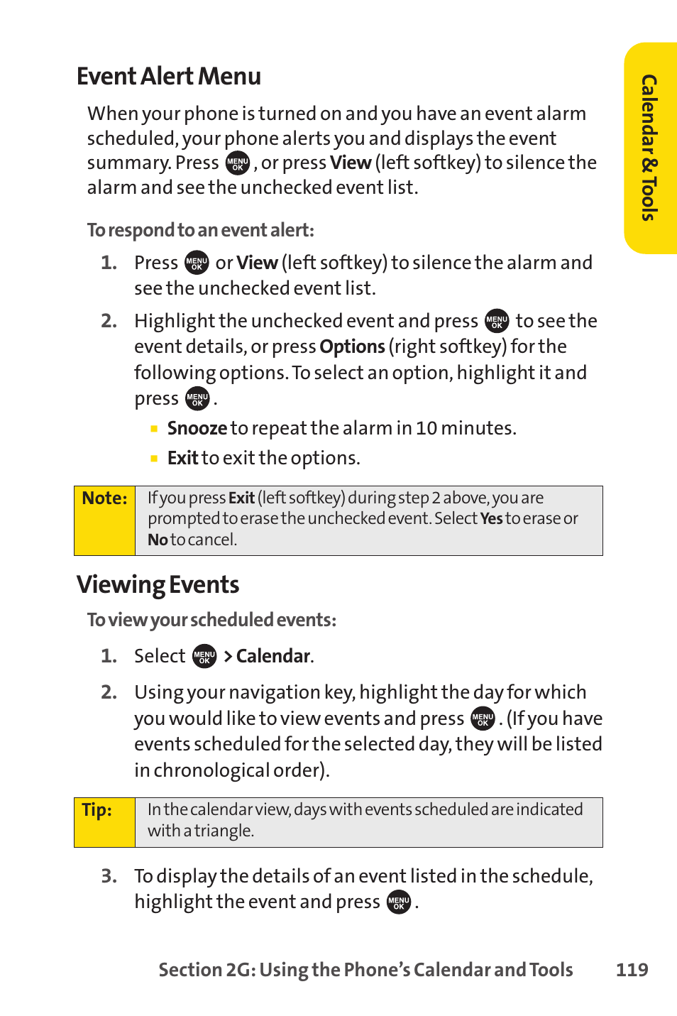 Event alert menu, Viewing events | Sprint Nextel SPRINT PCSVISION SCP-7000 User Manual | Page 135 / 254