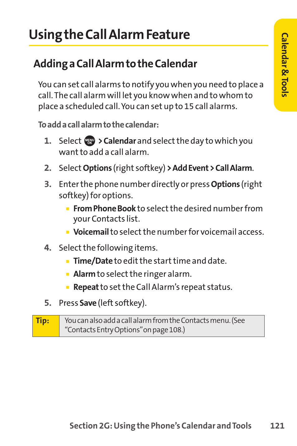 Using the call alarm feature, Adding a call alarm to the calendar | Sprint Nextel SPRINT PCSVISION SCP-7000 User Manual | Page 137 / 254