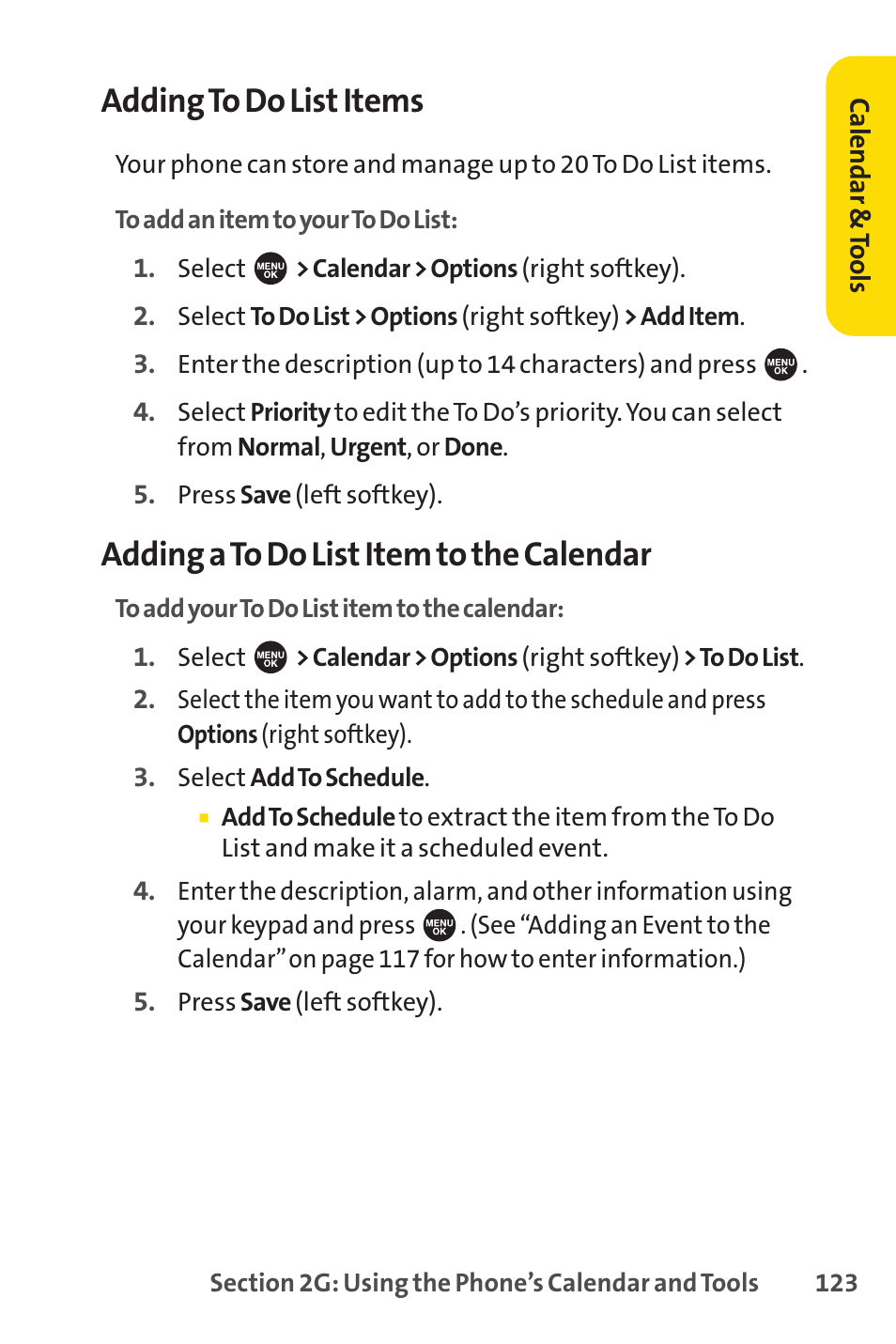 Adding to do list items, Adding a to do list item to the calendar | Sprint Nextel SPRINT PCSVISION SCP-7000 User Manual | Page 139 / 254