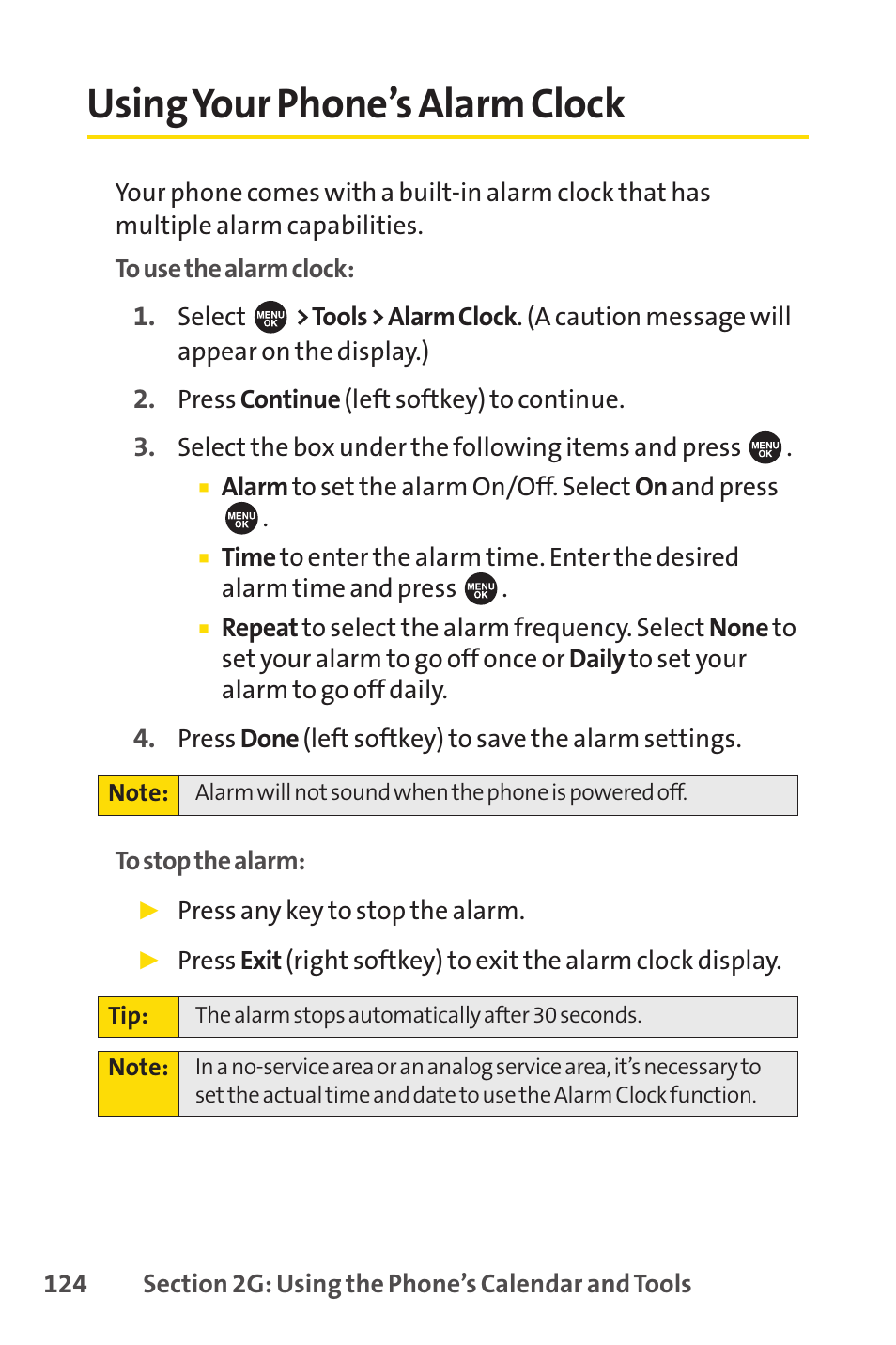 Using your phone’s alarm clock | Sprint Nextel SPRINT PCSVISION SCP-7000 User Manual | Page 140 / 254