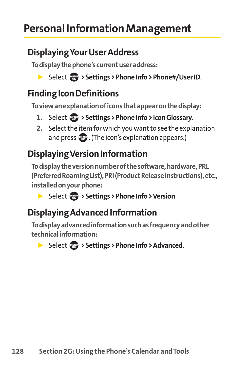 Personal information management, Displaying your user address, Finding icon definitions | Displaying version information, Displaying advanced information | Sprint Nextel SPRINT PCSVISION SCP-7000 User Manual | Page 144 / 254