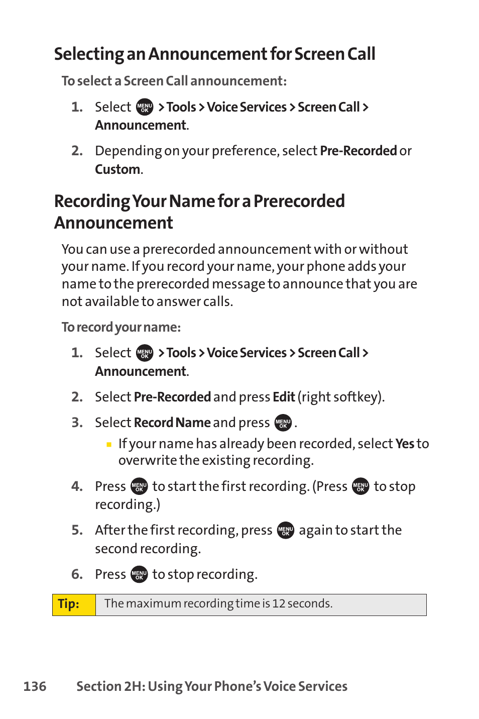Selecting an announcement for screen call, Recording your name for a prerecorded announcement | Sprint Nextel SPRINT PCSVISION SCP-7000 User Manual | Page 152 / 254