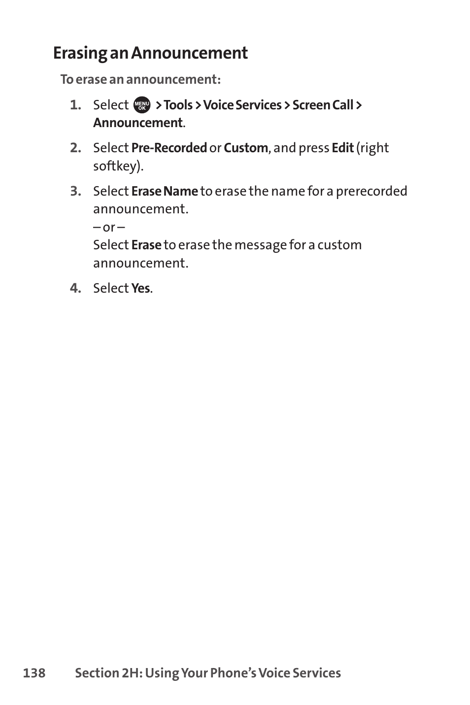 Erasing an announcement | Sprint Nextel SPRINT PCSVISION SCP-7000 User Manual | Page 154 / 254