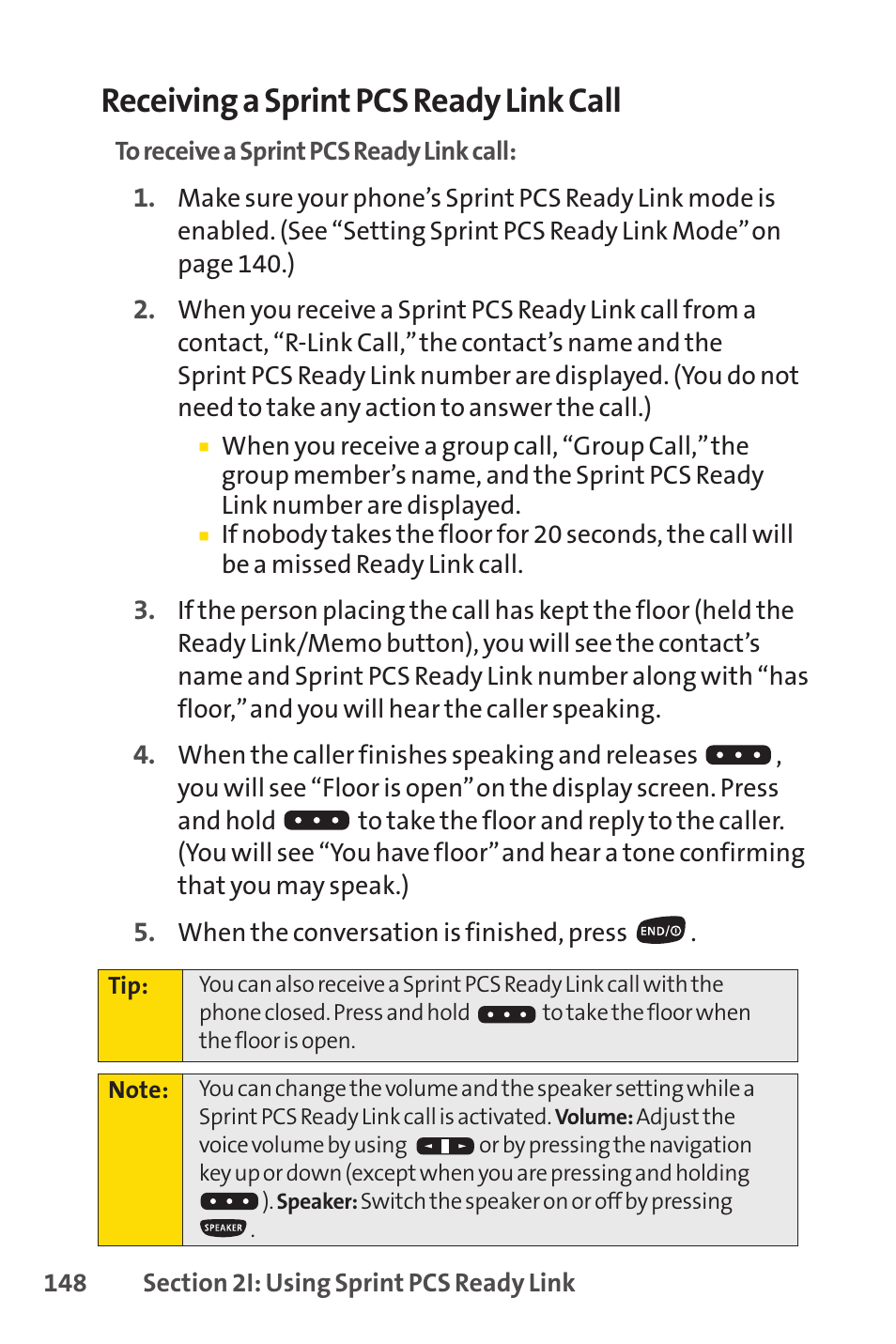 Receiving a sprint pcs ready link call | Sprint Nextel SPRINT PCSVISION SCP-7000 User Manual | Page 164 / 254