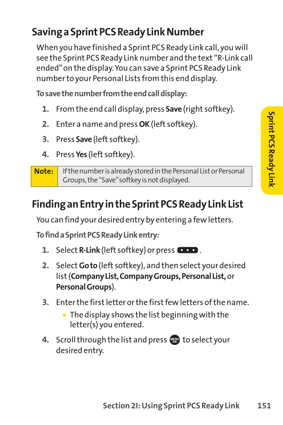 Saving a sprint pcs ready link number, Finding an entry in the sprint pcs ready link list | Sprint Nextel SPRINT PCSVISION SCP-7000 User Manual | Page 167 / 254