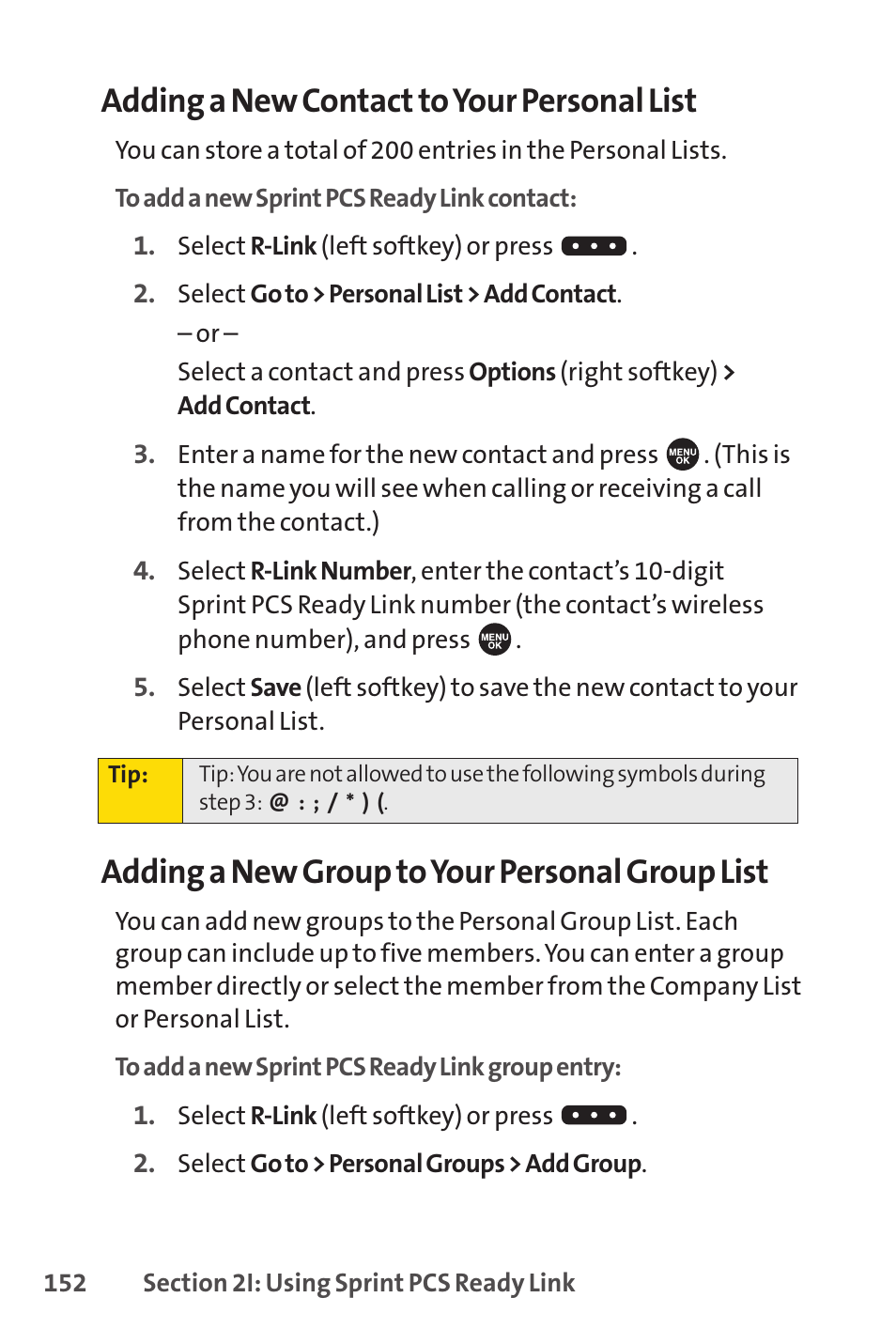 Adding a new contact to your personal list, Adding a new group to your personal group list | Sprint Nextel SPRINT PCSVISION SCP-7000 User Manual | Page 168 / 254