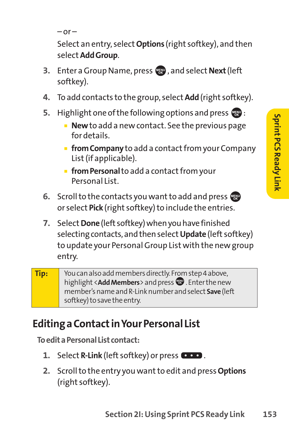 Editing a contact in your personal list | Sprint Nextel SPRINT PCSVISION SCP-7000 User Manual | Page 169 / 254