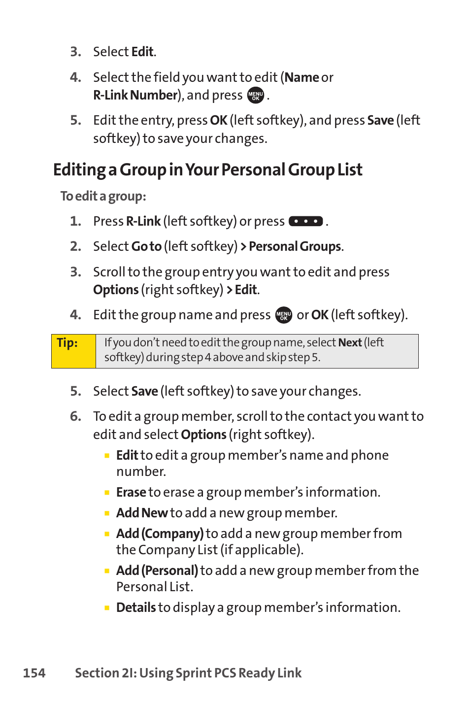 Editing a group in your personal group list | Sprint Nextel SPRINT PCSVISION SCP-7000 User Manual | Page 170 / 254