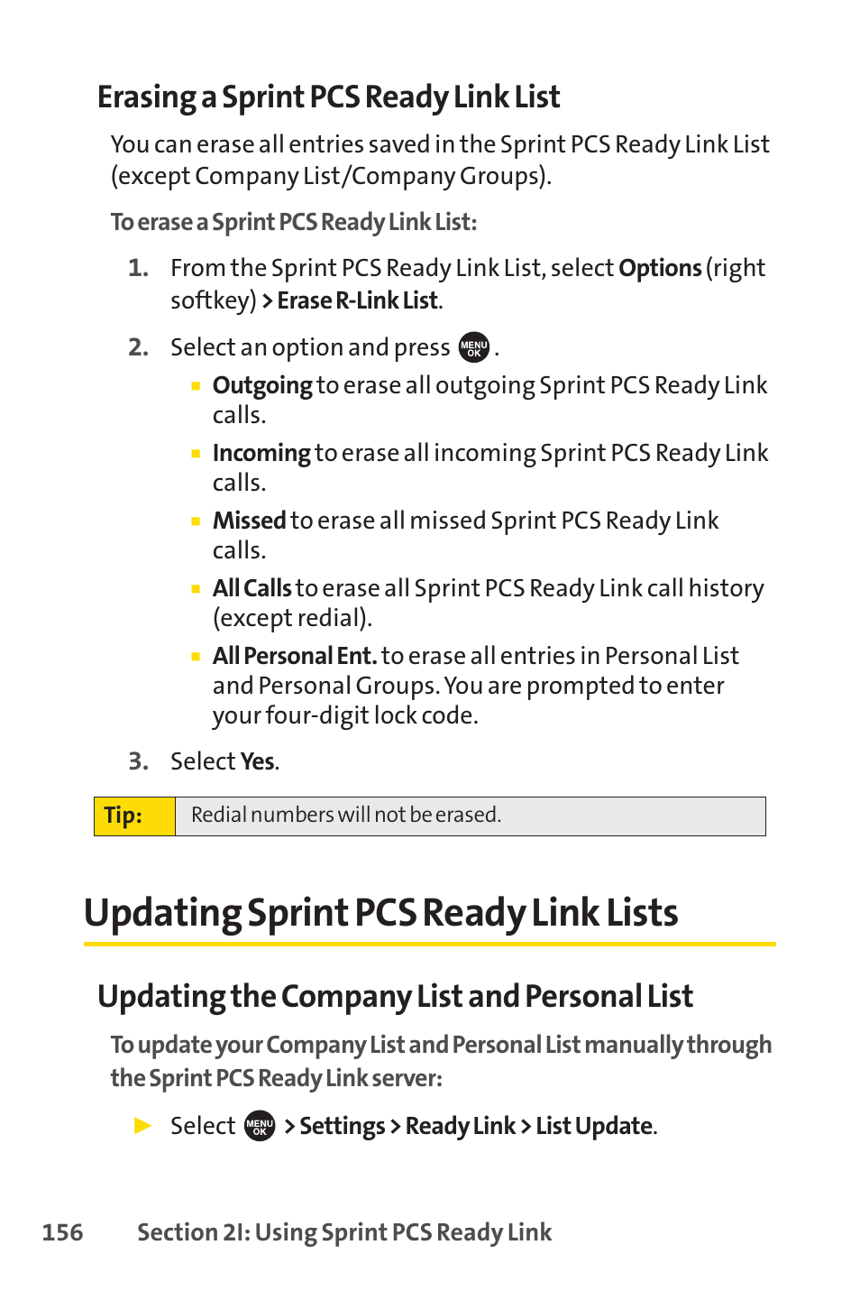 Updating sprint pcs ready link lists, Erasing a sprint pcs ready link list, Updating the company list and personal list | Sprint Nextel SPRINT PCSVISION SCP-7000 User Manual | Page 172 / 254