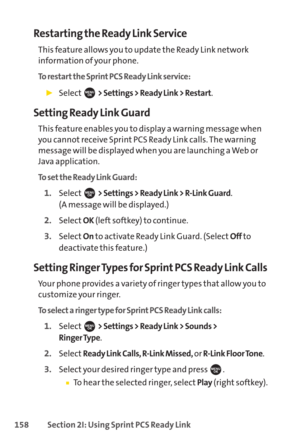 Restarting the ready link service, Setting ready link guard | Sprint Nextel SPRINT PCSVISION SCP-7000 User Manual | Page 174 / 254