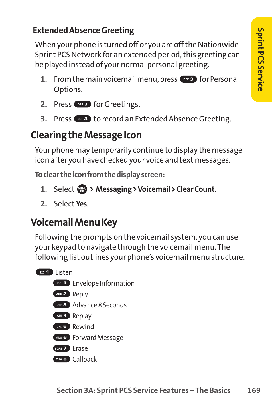 Clearing the message icon, Voicemail menu key, Extended absence greeting | Sprint Nextel SPRINT PCSVISION SCP-7000 User Manual | Page 185 / 254