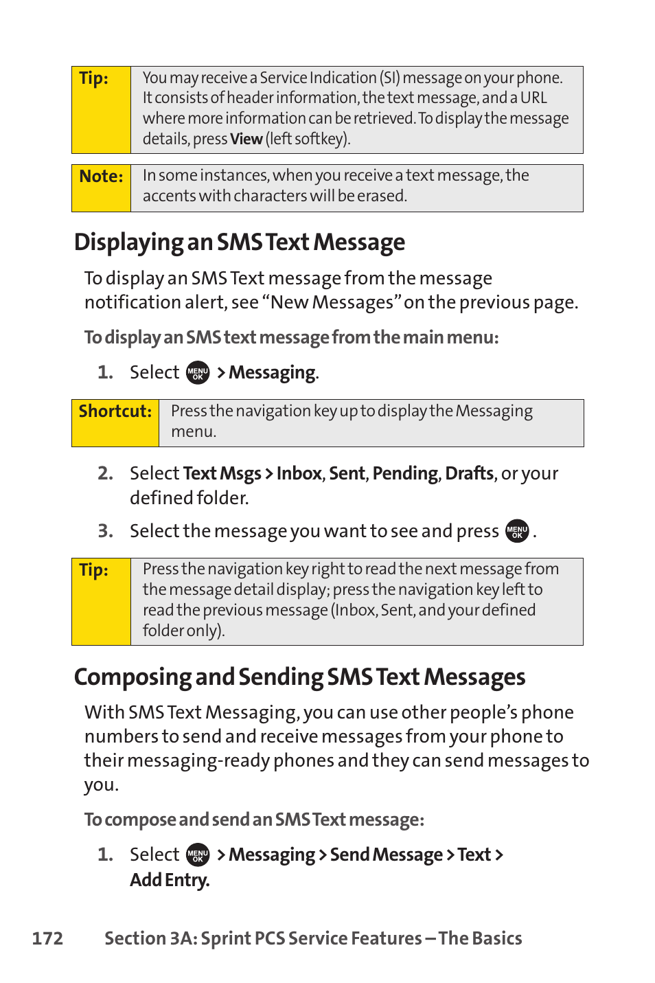 Displaying an sms text message, Composing and sending sms text messages | Sprint Nextel SPRINT PCSVISION SCP-7000 User Manual | Page 188 / 254