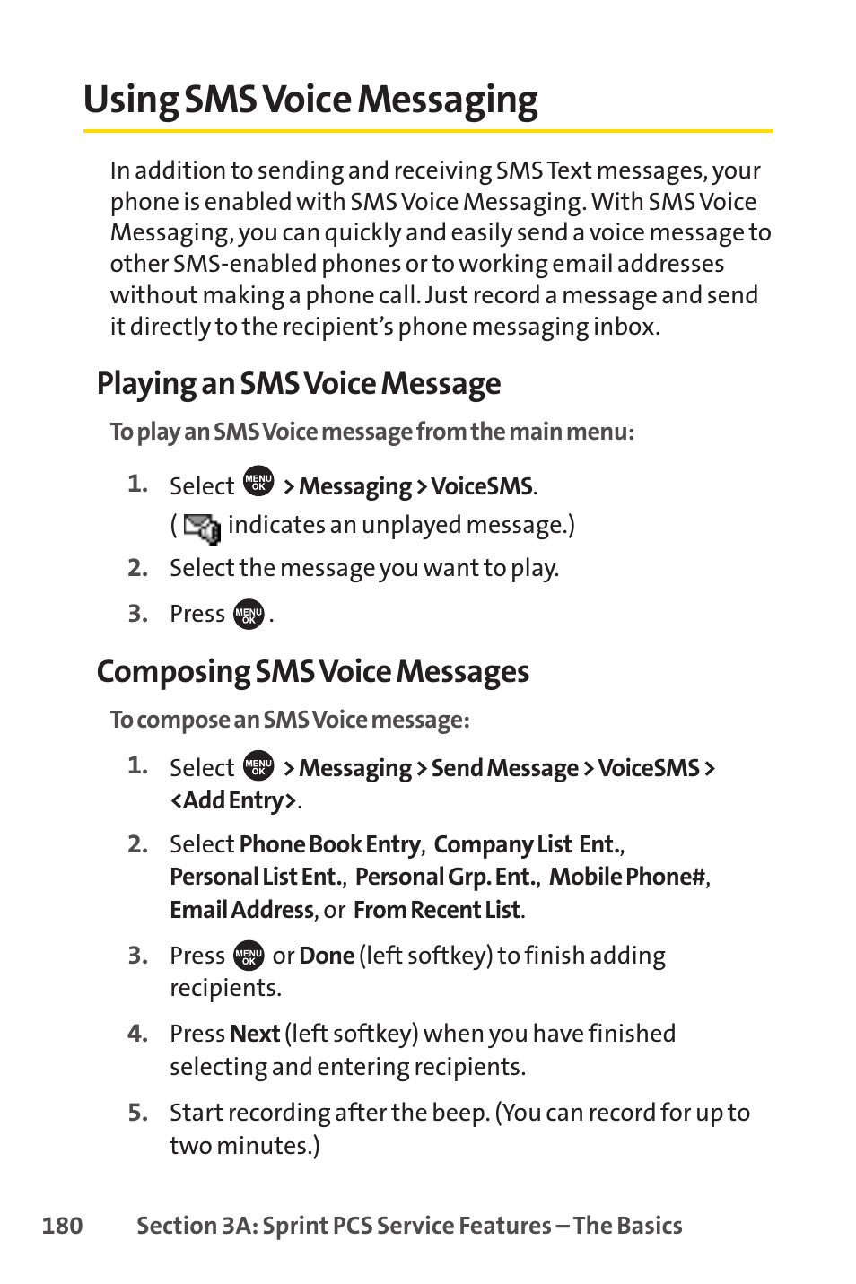 Using sms voice messaging, Playing an sms voice message, Composing sms voice messages | Sprint Nextel SPRINT PCSVISION SCP-7000 User Manual | Page 196 / 254