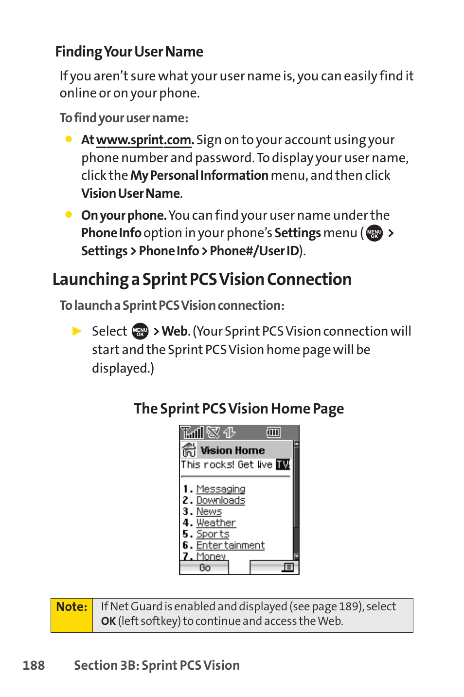 Launching a sprint pcs vision connection, Finding your user name, The sprint pcs vision home page | Sprint Nextel SPRINT PCSVISION SCP-7000 User Manual | Page 204 / 254