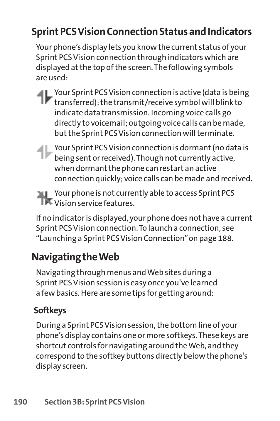 Sprint pcs vision connection status and indicators, Navigating the web | Sprint Nextel SPRINT PCSVISION SCP-7000 User Manual | Page 206 / 254