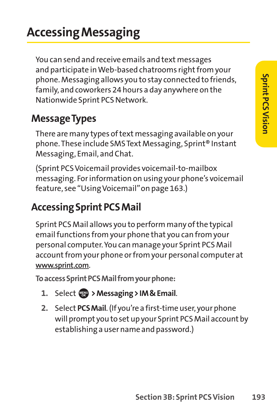 Accessing messaging, Message types, Accessing sprint pcs mail | Sprint Nextel SPRINT PCSVISION SCP-7000 User Manual | Page 209 / 254