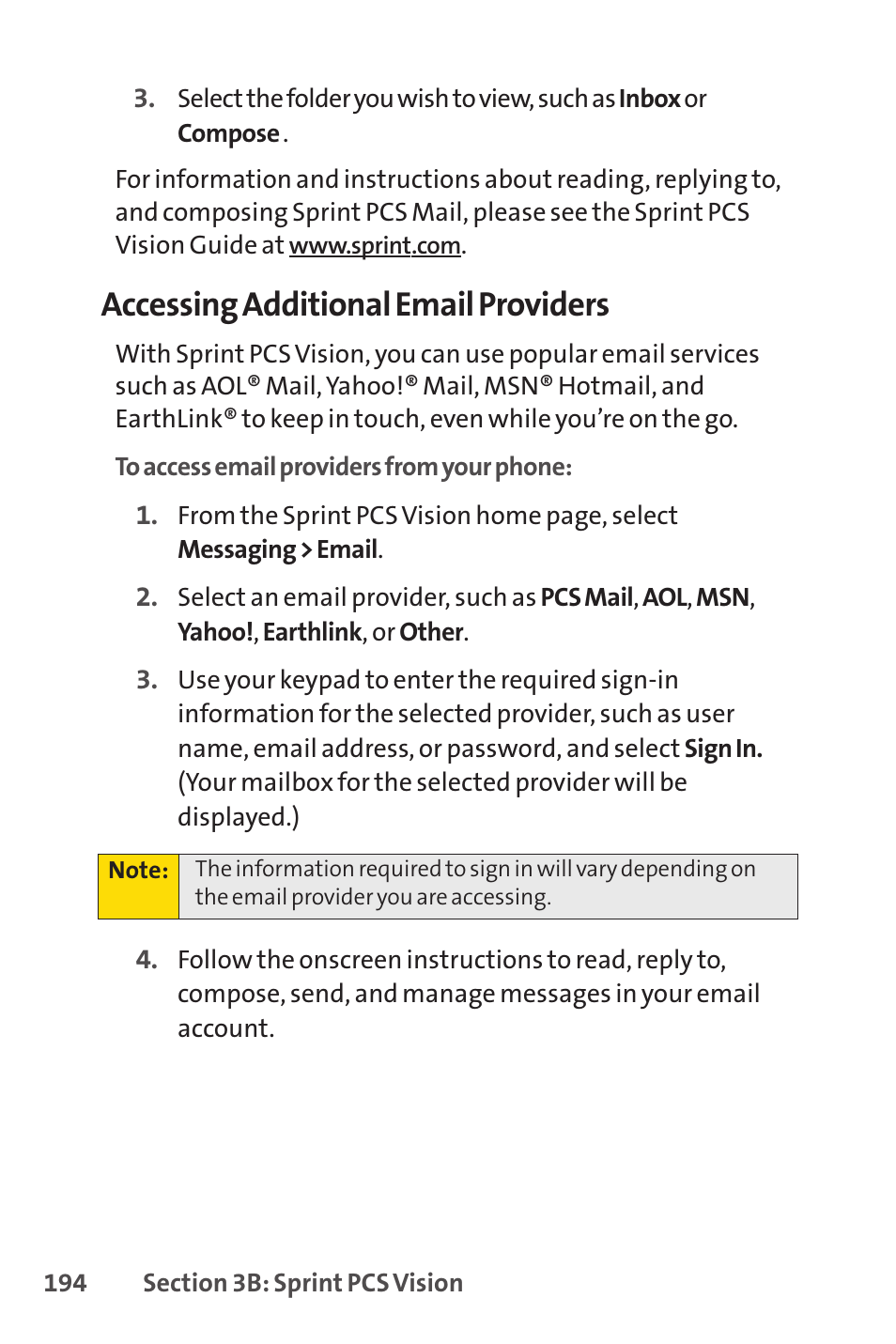 Accessing additional emailproviders | Sprint Nextel SPRINT PCSVISION SCP-7000 User Manual | Page 210 / 254