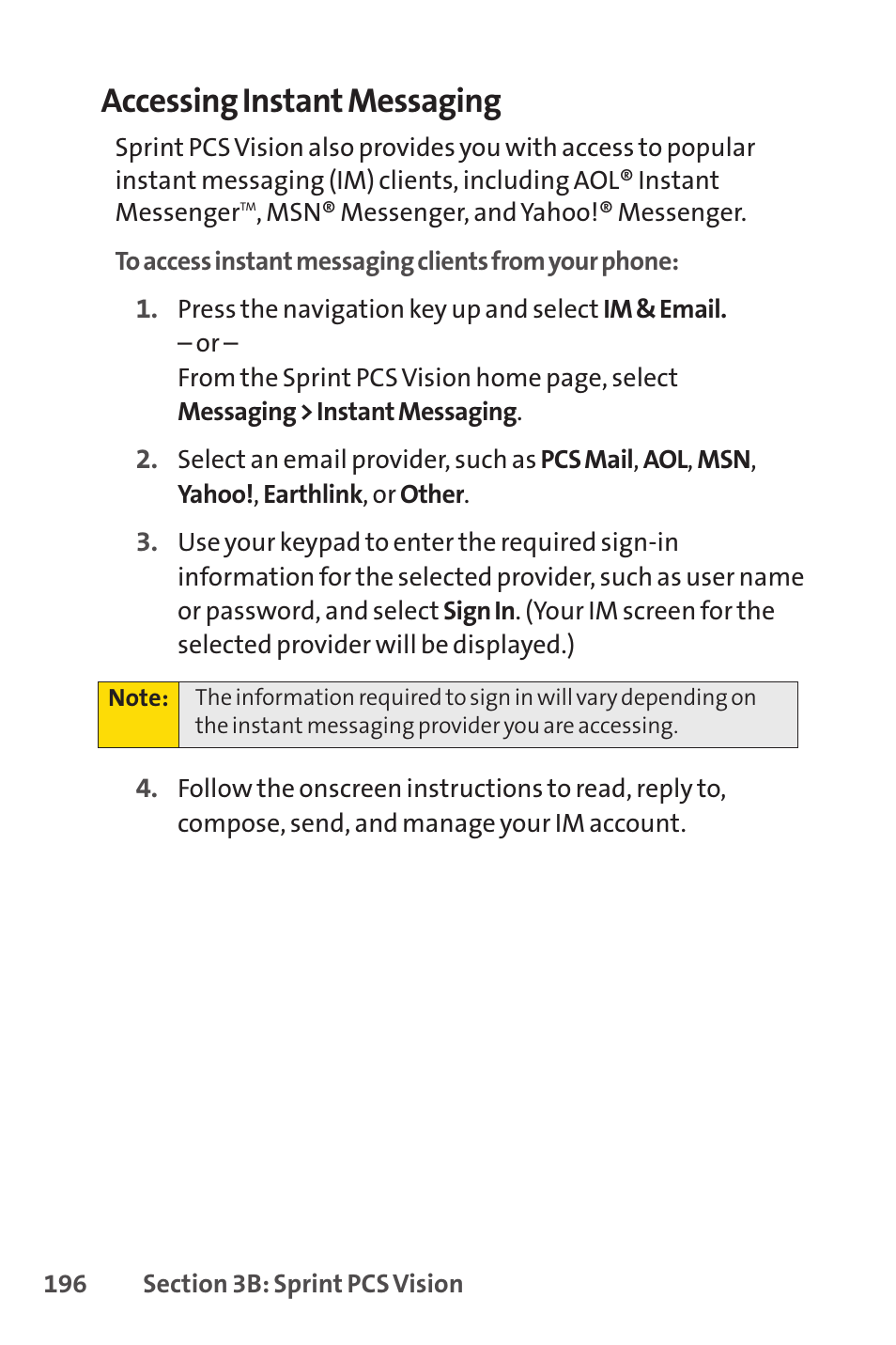Accessing instant messaging | Sprint Nextel SPRINT PCSVISION SCP-7000 User Manual | Page 212 / 254