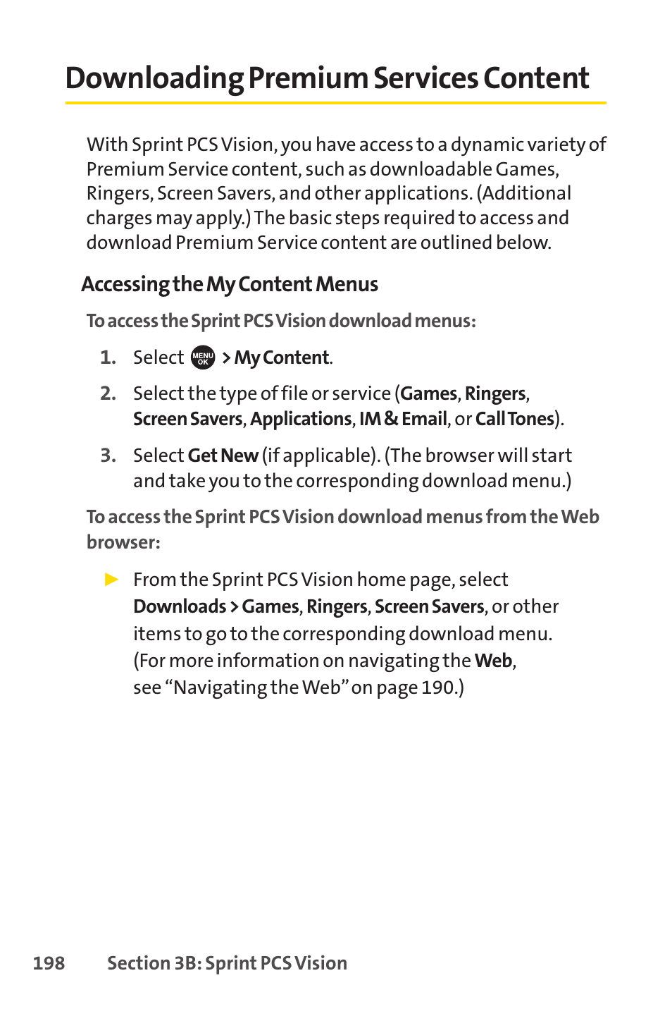 Downloading premium services content | Sprint Nextel SPRINT PCSVISION SCP-7000 User Manual | Page 214 / 254