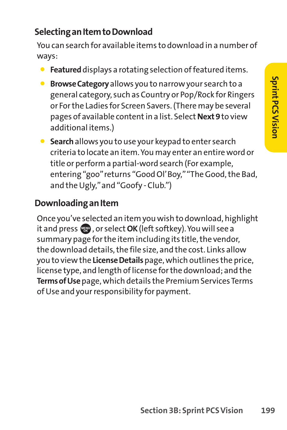 Selecting an item to download, Downloading an item | Sprint Nextel SPRINT PCSVISION SCP-7000 User Manual | Page 215 / 254