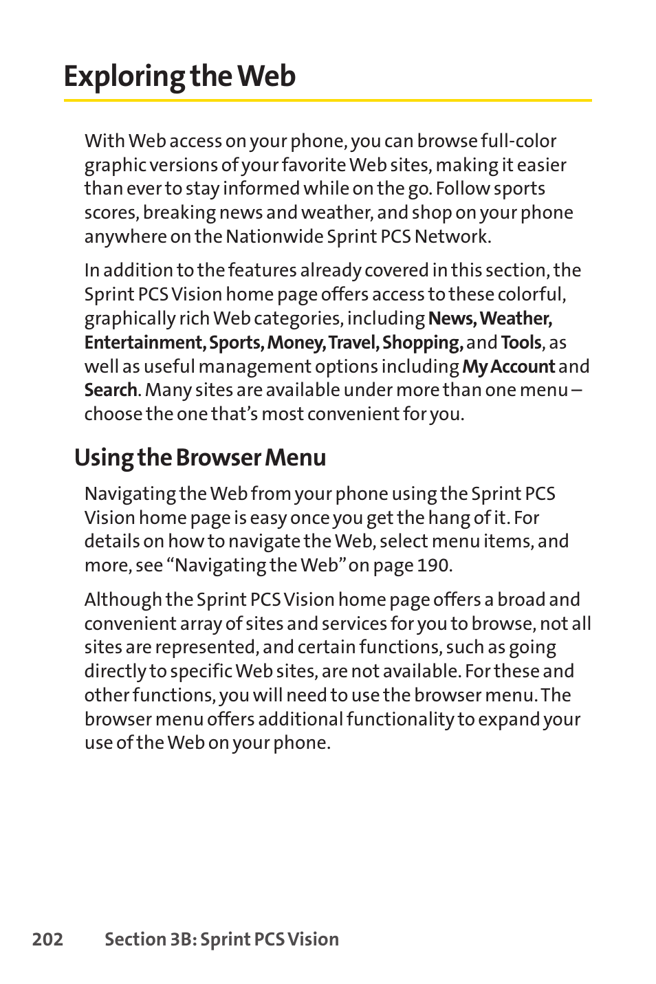Exploring the web, Using the browser menu | Sprint Nextel SPRINT PCSVISION SCP-7000 User Manual | Page 218 / 254