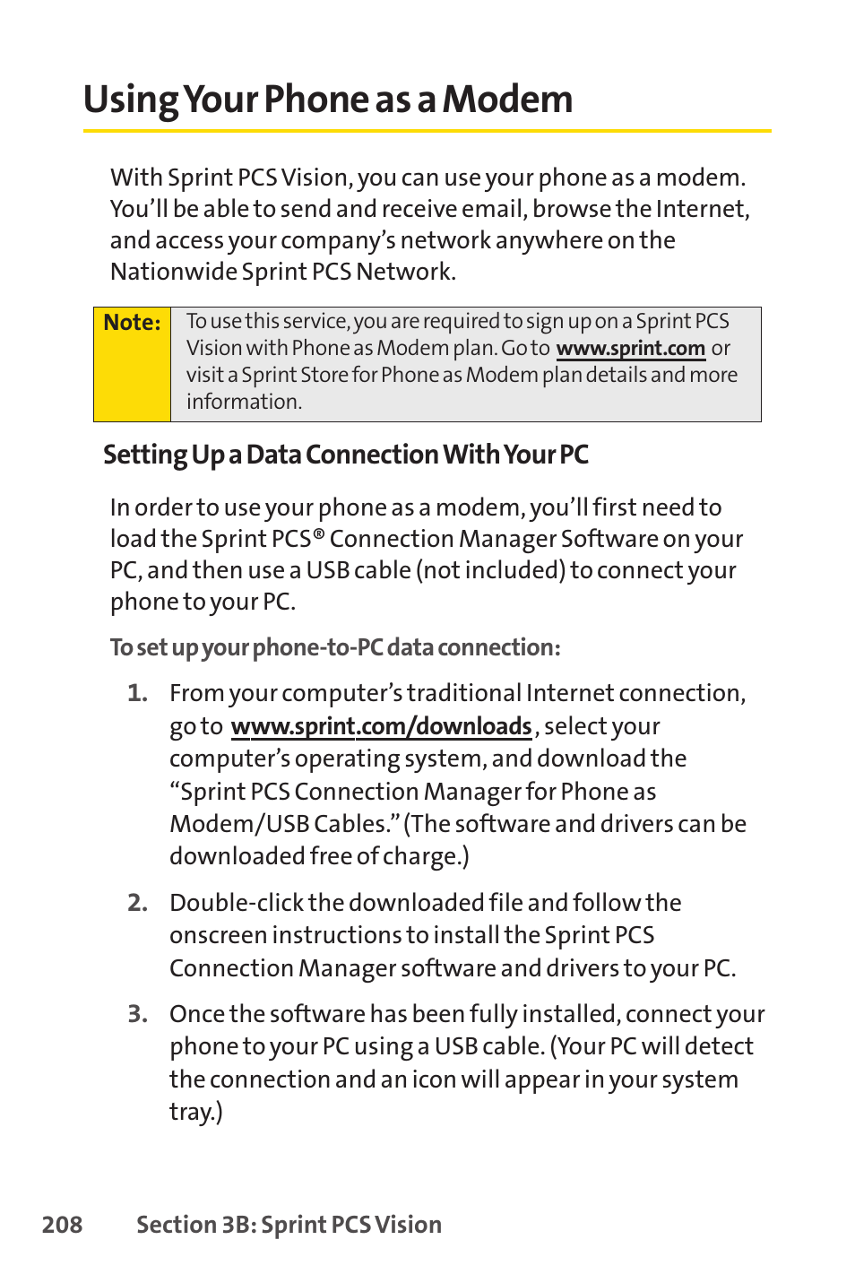 Using your phone as a modem | Sprint Nextel SPRINT PCSVISION SCP-7000 User Manual | Page 224 / 254