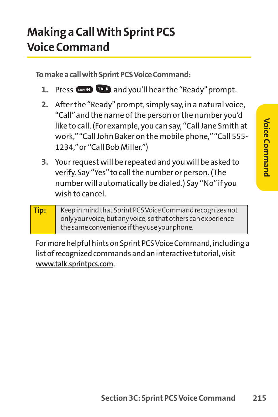 Making a call with sprint pcs voice command, Making a callwith sprint pcs voice command | Sprint Nextel SPRINT PCSVISION SCP-7000 User Manual | Page 231 / 254