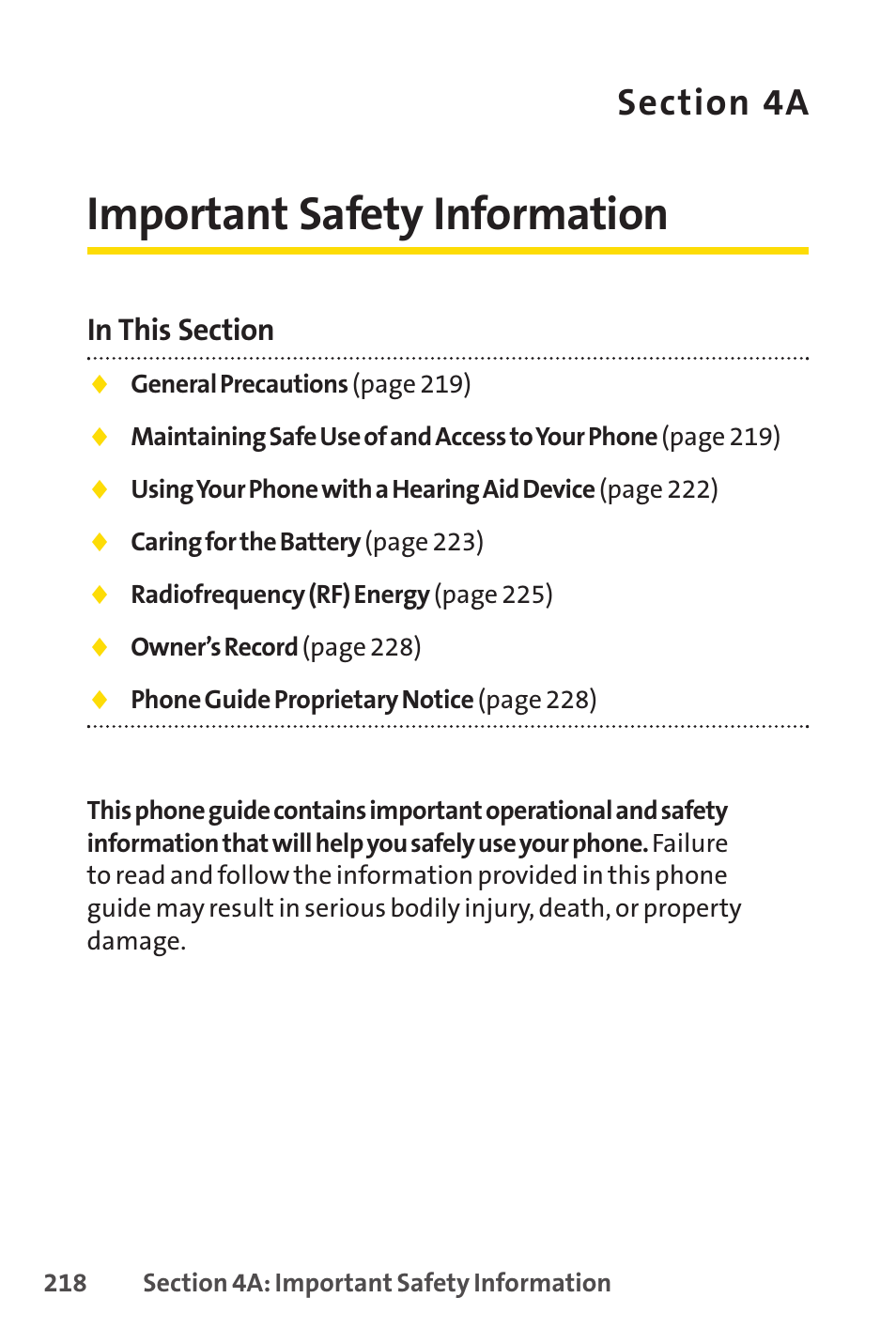 Section 4a. important safety information, 4a. important safety information, Important safety information | Sprint Nextel SPRINT PCSVISION SCP-7000 User Manual | Page 234 / 254