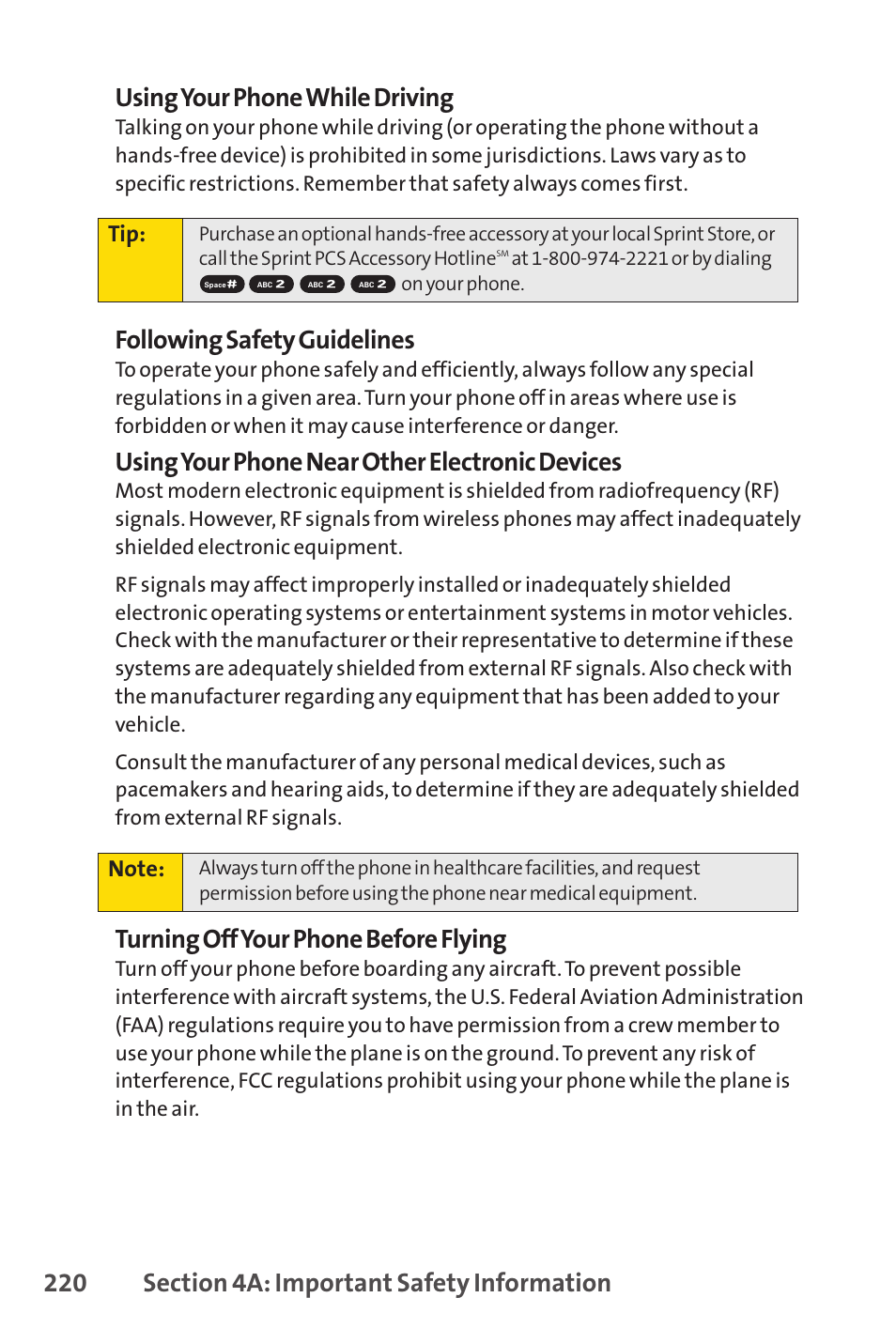 Following safety guidelines, Using your phone near other electronic devices, Turning off your phone before flying | Sprint Nextel SPRINT PCSVISION SCP-7000 User Manual | Page 236 / 254