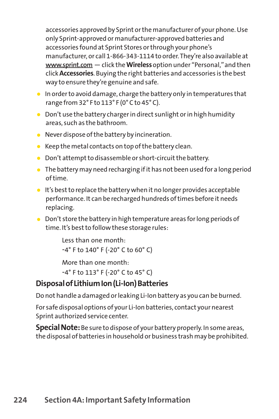 Disposal of lithium ion (li-ion) batteries | Sprint Nextel SPRINT PCSVISION SCP-7000 User Manual | Page 240 / 254