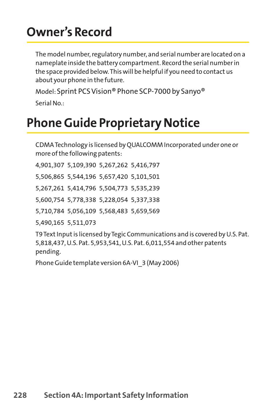 Owner’s record, Phone guide proprietary notice | Sprint Nextel SPRINT PCSVISION SCP-7000 User Manual | Page 244 / 254