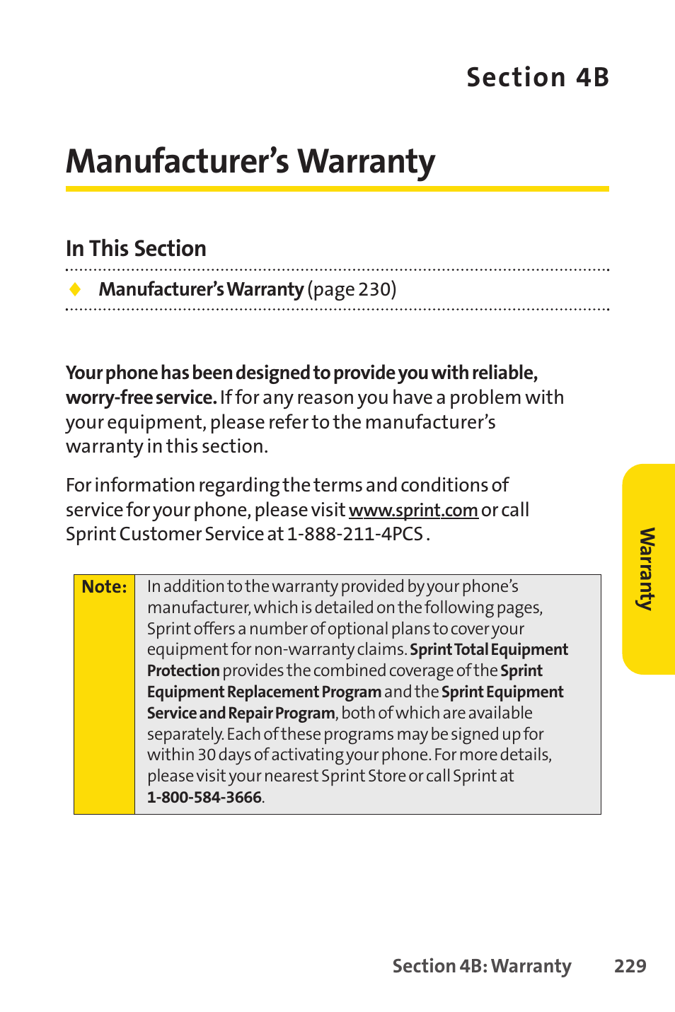 Section 4b. manufacturer’s warranty, 4b. manufacturer’s warranty, Manufacturer’s warranty | Sprint Nextel SPRINT PCSVISION SCP-7000 User Manual | Page 245 / 254