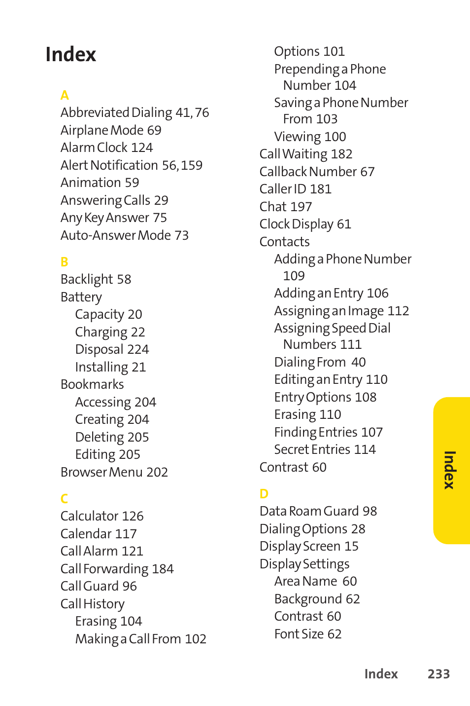 Index | Sprint Nextel SPRINT PCSVISION SCP-7000 User Manual | Page 249 / 254
