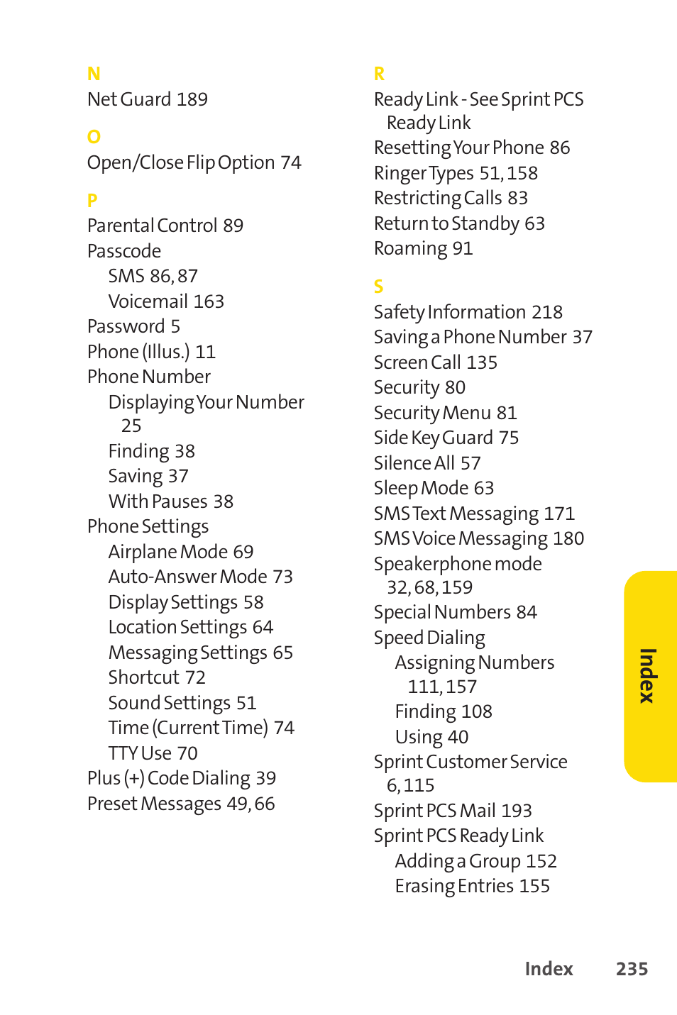 Inde x | Sprint Nextel SPRINT PCSVISION SCP-7000 User Manual | Page 251 / 254