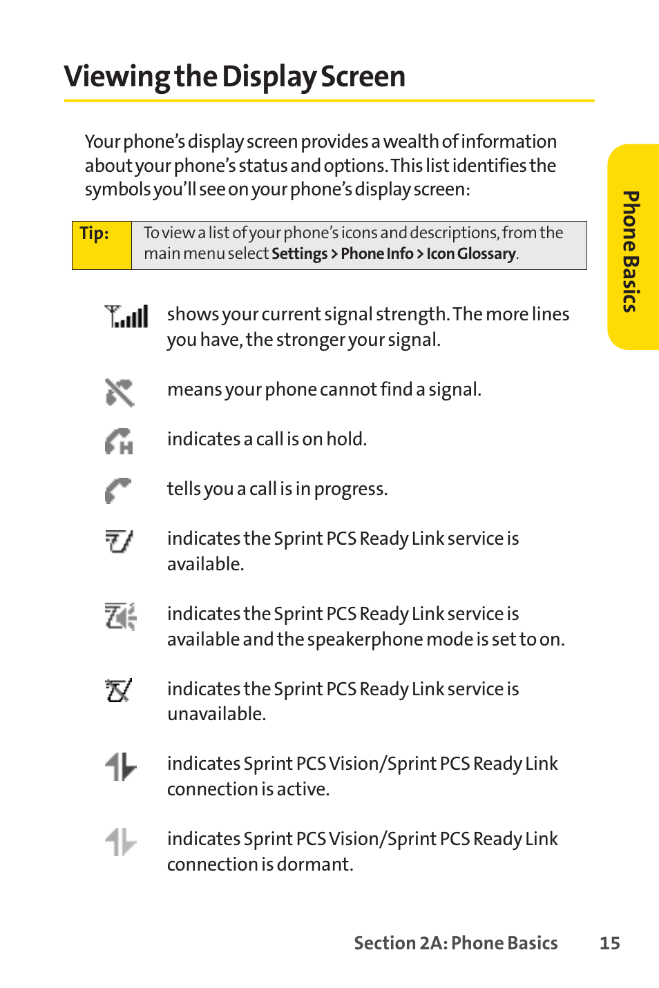 Viewing the display screen, Ph on e b as ics | Sprint Nextel SPRINT PCSVISION SCP-7000 User Manual | Page 31 / 254