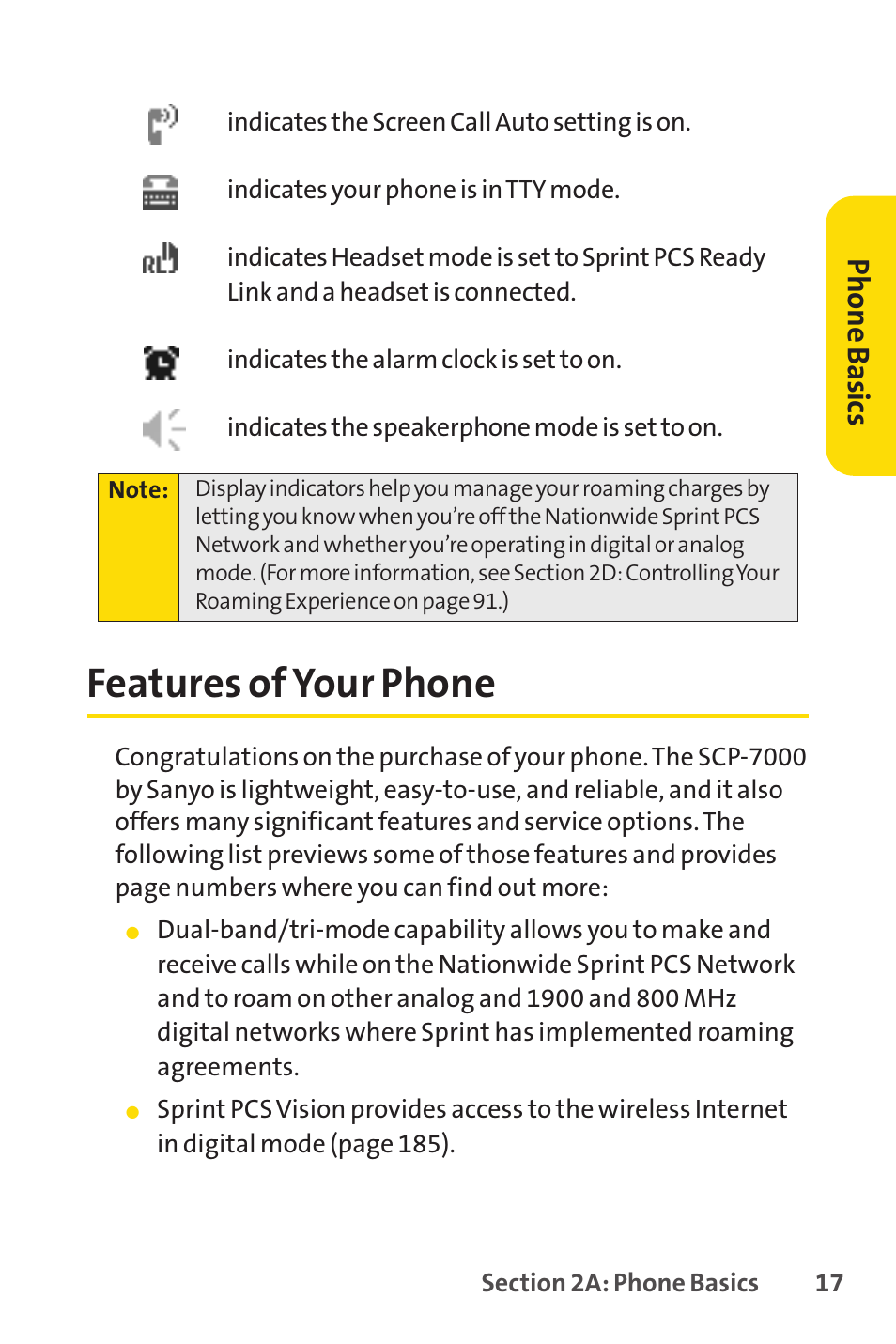 Features of your phone, Ph on e b as ics | Sprint Nextel SPRINT PCSVISION SCP-7000 User Manual | Page 33 / 254