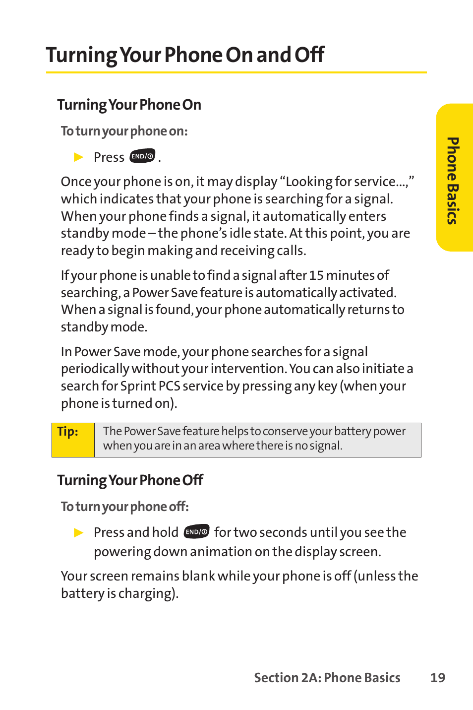 Turning your phone on and off, Ph on e b as ics | Sprint Nextel SPRINT PCSVISION SCP-7000 User Manual | Page 35 / 254