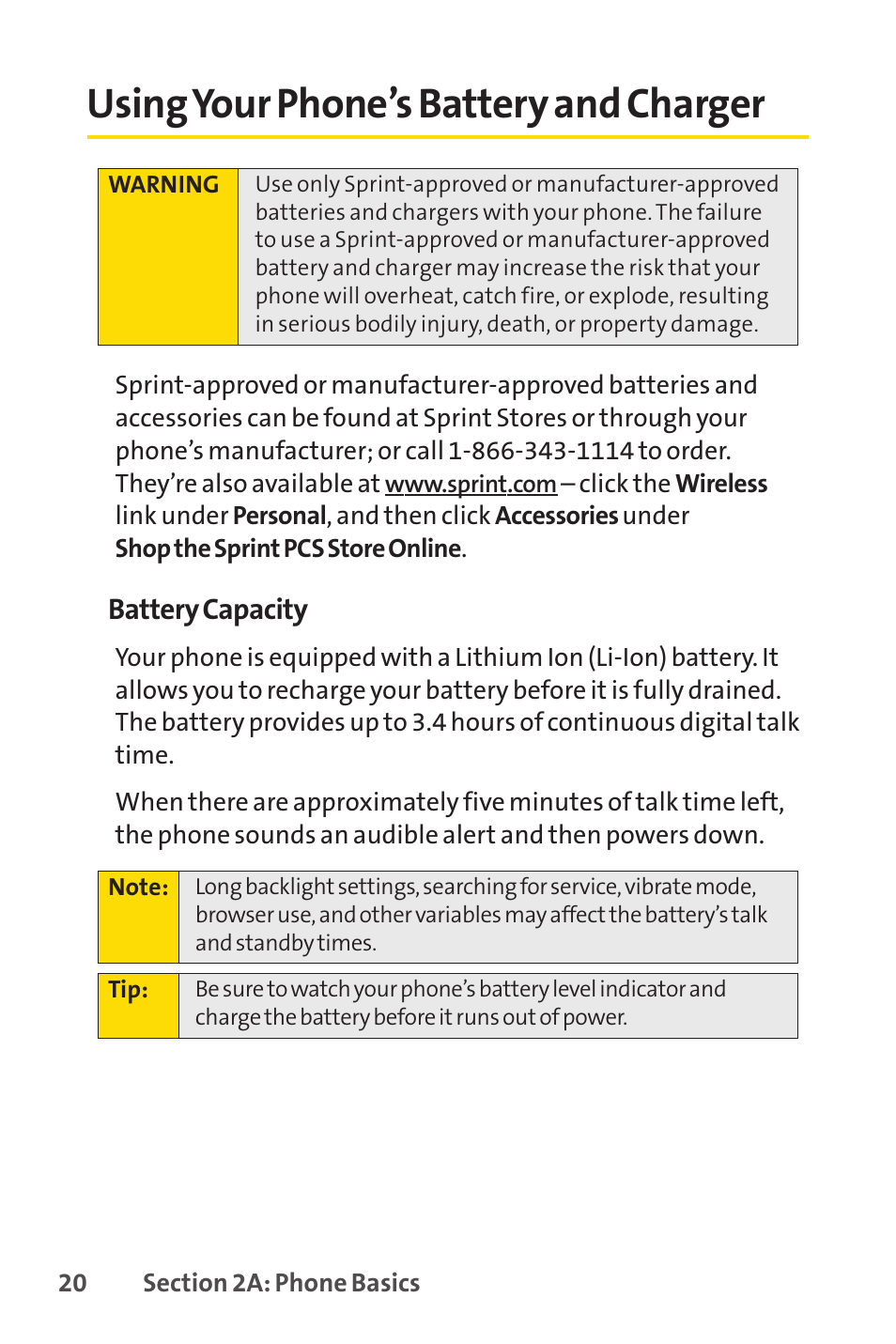 Using your phone’s battery and charger | Sprint Nextel SPRINT PCSVISION SCP-7000 User Manual | Page 36 / 254