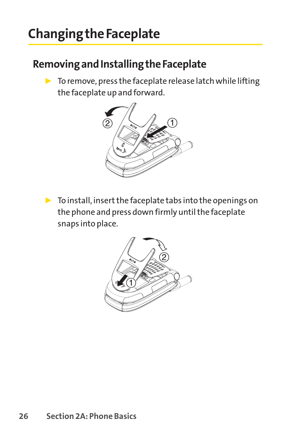 Changing the faceplate, Removing and installing the faceplate | Sprint Nextel SPRINT PCSVISION SCP-7000 User Manual | Page 42 / 254