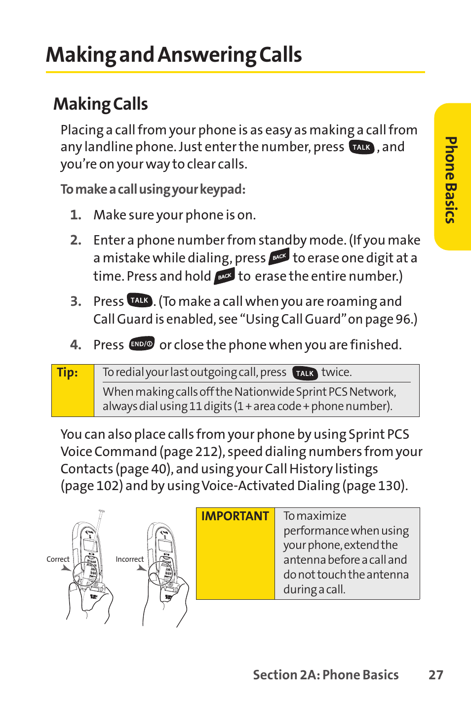 Making and answering calls, Making calls, Ph on e b as ics | Sprint Nextel SPRINT PCSVISION SCP-7000 User Manual | Page 43 / 254