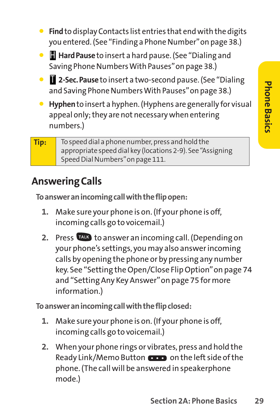 Answering calls, Ph on e b as ics | Sprint Nextel SPRINT PCSVISION SCP-7000 User Manual | Page 45 / 254