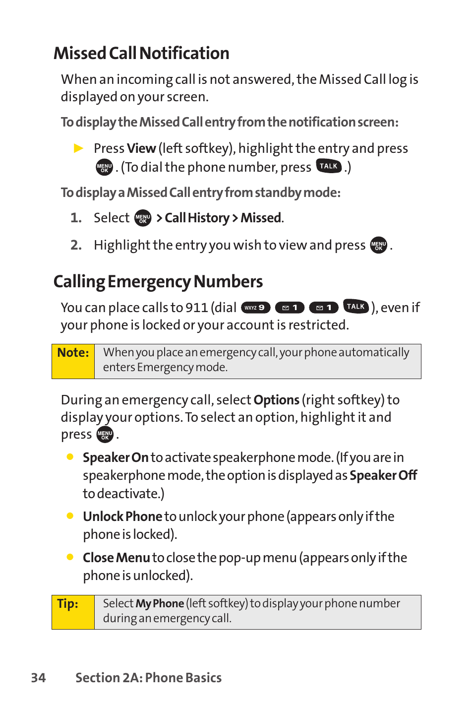 Missed call notification, Calling emergency numbers | Sprint Nextel SPRINT PCSVISION SCP-7000 User Manual | Page 50 / 254