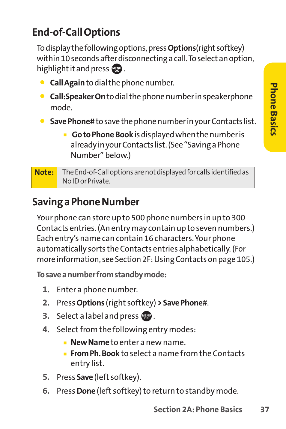 End-of-call options, Saving a phone number, Ph on e b as ics | Sprint Nextel SPRINT PCSVISION SCP-7000 User Manual | Page 53 / 254