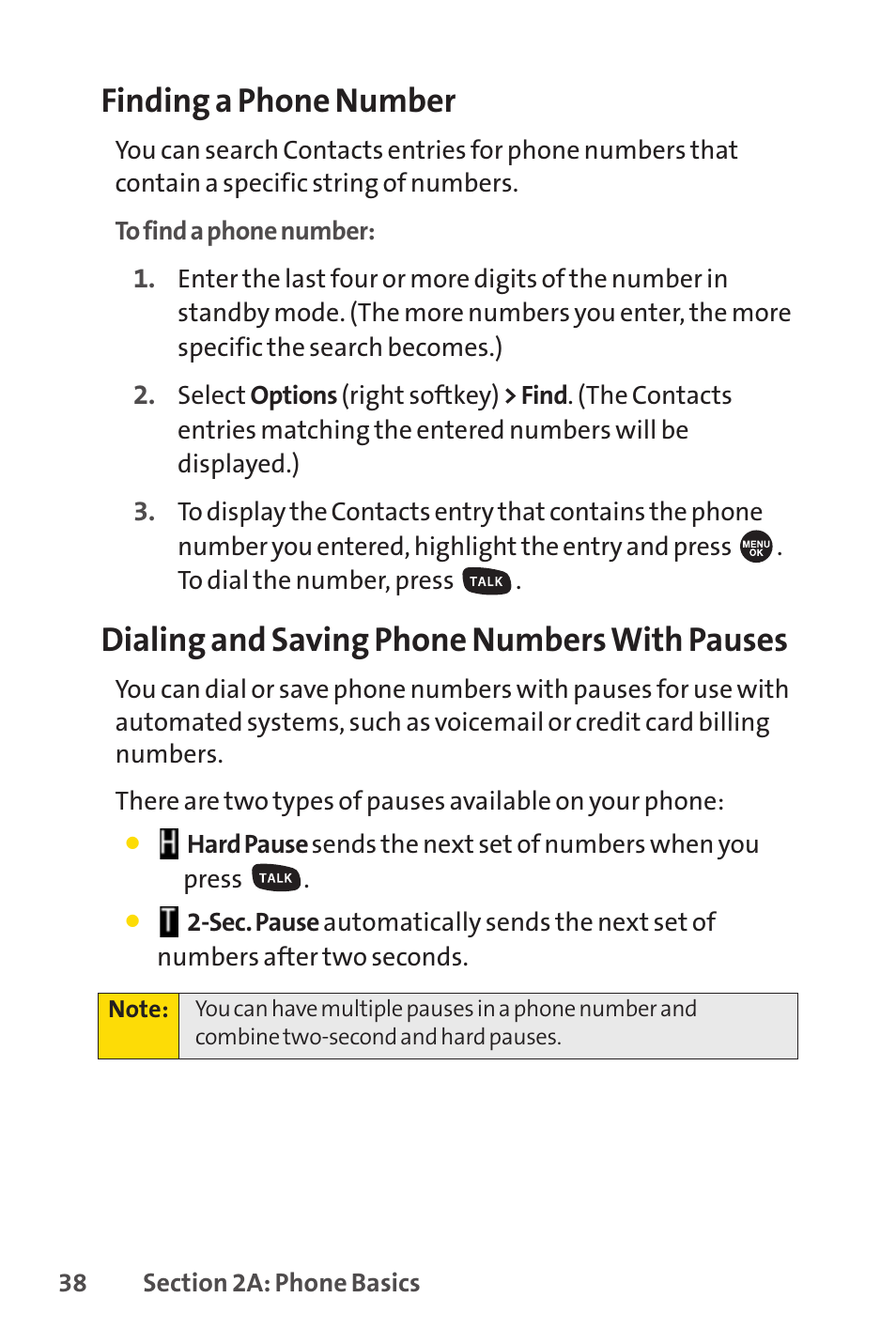 Finding a phone number, Dialing and saving phone numbers with pauses | Sprint Nextel SPRINT PCSVISION SCP-7000 User Manual | Page 54 / 254